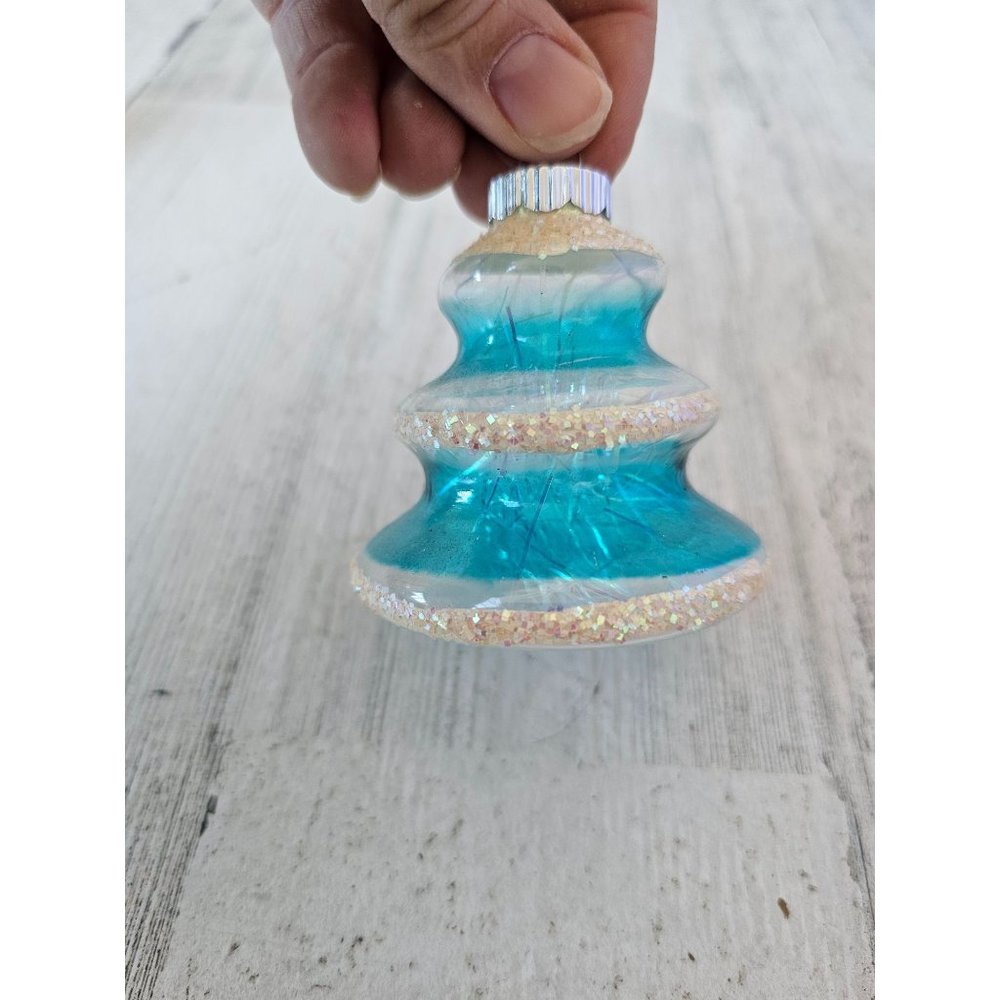 Vintage radko shiny Brite blue‎ tree tinsel glitter ornament axis